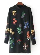 Oasap Floral Embroidery Long Sleeve Round Neck Mini Dress
