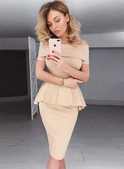 Oasap Off Shoulder Short Sleeve Ruffle Bodycon Dress