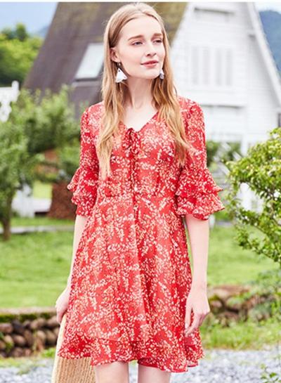 Oasap V Neck Flare Sleeve Floral Chiffon Dress
