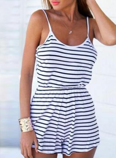 Oasap Striped Spaghetti Strap Backless Round Neck Wide Leg Rompers