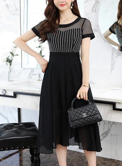Oasap Elegant Striped Mesh Spicing Short Sleeve Round Neck Dress