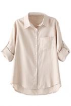Oasap Relaxed Solid Button Down Shirt With Roll-tab