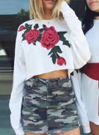 Oasap Fashion Long Sleeve Floral Embroidery Cropped Pullover Sweatshirt
