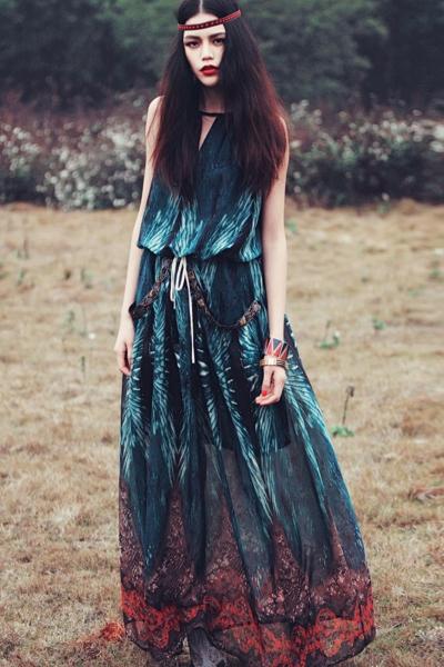 Oasap Vintage Printed Drawstring Maxi Dress