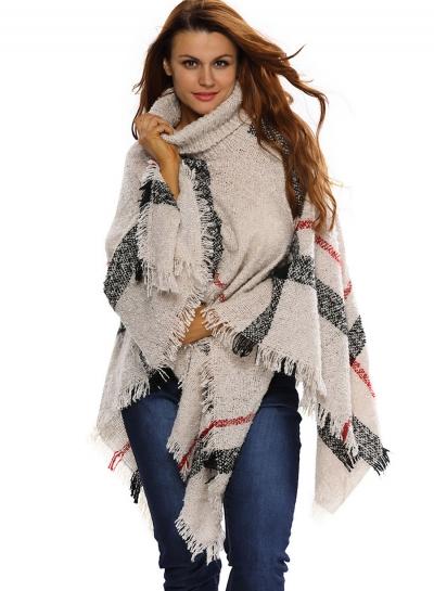 Oasap High Neck Plaid Patterned Tassels Decoration Cloak Design Sweater