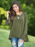 Oasap V Neck Flare Sleeve Solid Color Pullover Tee Shirt