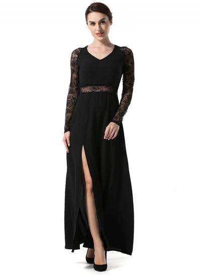 Oasap V Neck Lace Panel High Slit Maxi Dress