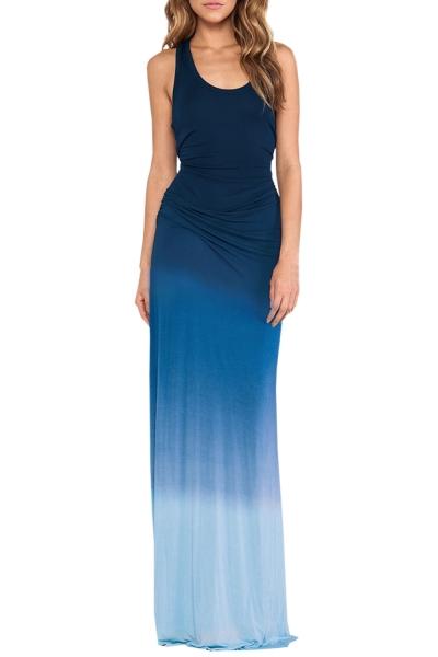 Oasap Women Gradient Ramp Print U-neck Slim Fit Maxi Dress