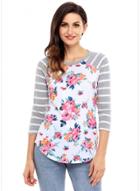Oasap Fashion 3/4 Sleeve Floral Stripe Tee