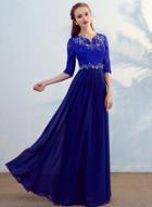 Oasap Elegant Half Sleeve Lace Panel Rhinestone Long Prom Dress