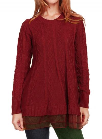 Oasap Round Neck Long Sleeve Mesh Hem Knit Sweater