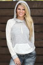 Oasap Lace Paneled Drawstring Front Pocket Hooded Sweatshirt