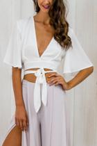 Oasap White Deep V Front Chiffon Belted Crop Top