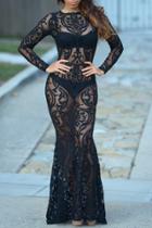 Oasap Sheer Floral Lace Print Round Neck Maxi Dress