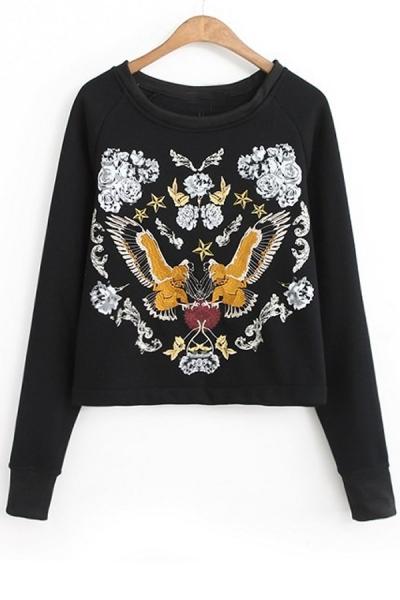 Oasap Bird Embroidered Cropped Sweatshirt