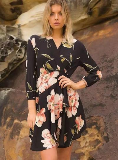 Oasap Floral Printed V Neck Tie Waist Mini Dress