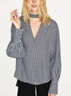 Oasap Plaid Pattern Long Sleeve Round Neck Hollow Out High-low Blouse