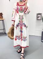 Oasap Round Neck Ethnic Embroidery Short Sleeve Dress