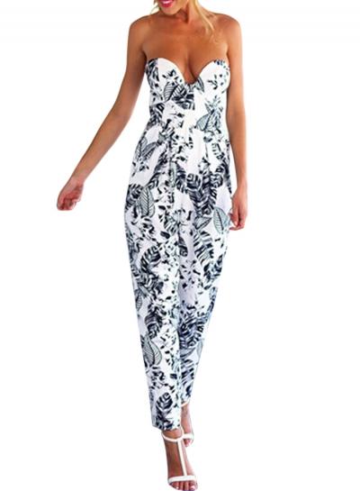 Oasap Women's Fashion Leaf Print Strapless Long Casual Jumpsuit