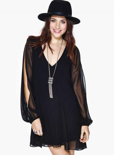 Oasap Women's Mesh Contrast Cut Back Open Sleeve Dress