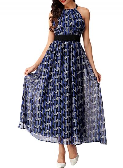 Oasap Women's Halter Sleeveless Zigzag Printed Beach Maxi Dress