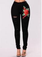 Oasap Rose Embroidery Ripped Pencil Pants