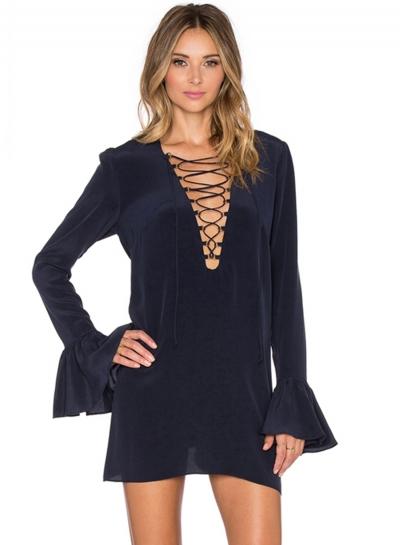 Oasap Women's Lace Up Front A-line Dress With Ruffle Sleeve