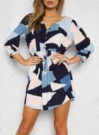 Oasap V Neck 3/4 Sleeve Patchwork Mini Dress