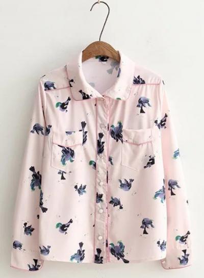 Oasap Cute Bird Printing Turn-down Collar Shirt