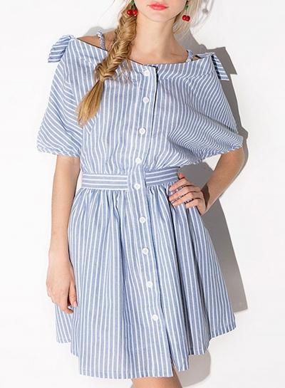 Oasap Off Shoulder Half Sleeve Striped Button Down Dress