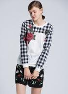 Oasap Round Neck Long Sleeve Plaid Splicing Floral Embroidery Sweatshirt