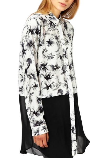 Oasap Women's Print Chiffon Hem Loose Fit Button Down Shirt