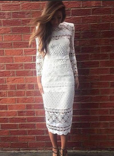 Oasap Long Sleeve Lace Hollow Out Bodycon Midi Dress