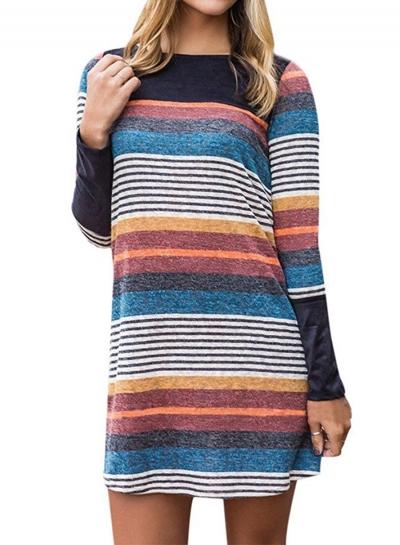 Oasap Long Sleeve Round Neck Striped Knit Mini Dress