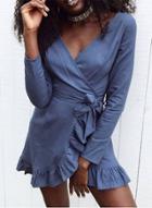 Oasap V Neck Long Sleeve Ruffle Mini Dress With Belt