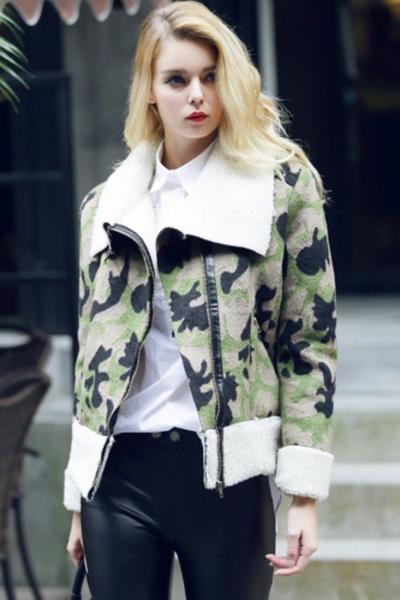 Oasap Chic Camo Fleece Turn Down Collar Coat
