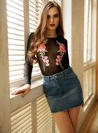 Oasap Round Neck Long Sleeve Floral Embroidery Romper