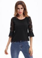 Oasap Round Neck Flare Sleeve Solid Color Top