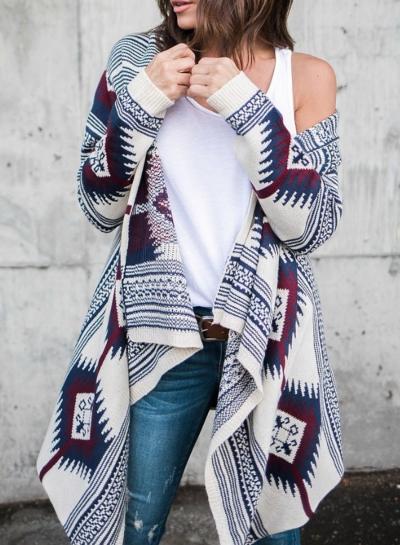 Oasap Long Sleeve Geo Printed Open Front Irregular Cardigan