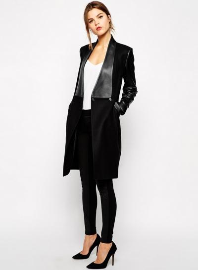Oasap Pu Long Sleeve Slim Wool Jacket Coat