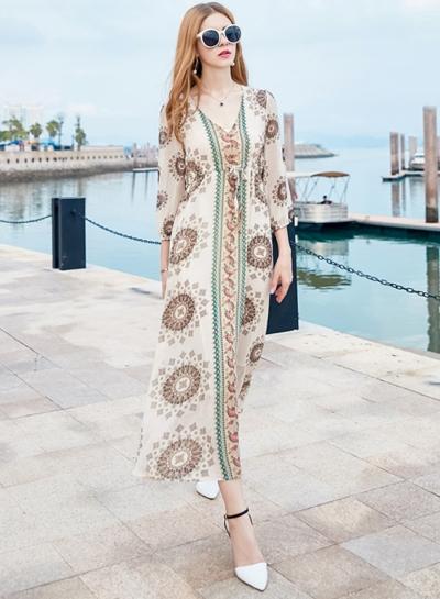 Oasap V Neck Long Sleeve Maxi Chiffon Floral Dress
