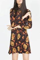 Oasap Vintage Floral Print Long Sleeve Collar A-line Dress