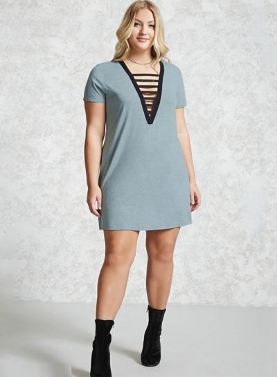 Oasap Plus Size V Neck Hollow Out Dress