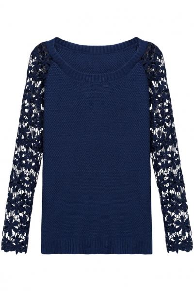 Oasap Floral Crochet Lace Paneled Knit Pullover Sweater