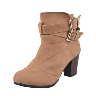 Oasap Buckle Strap Round Toe Block Heels Boots