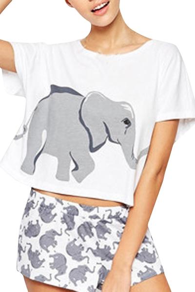 Oasap Women's Casual Elephant Printing Short Sleeve Crop Top Tee