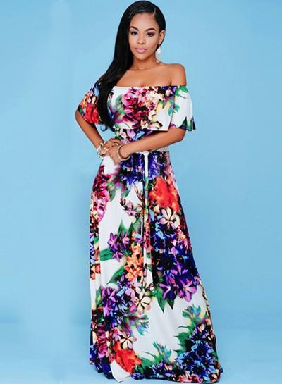 Oasap Off Shoulder Floral Print Slim Dress With Belt