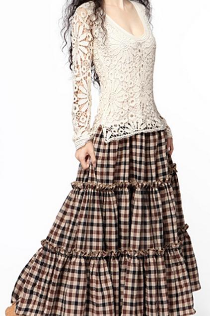 Oasap Check Printing Ankle Length Elastic Waist Skirt