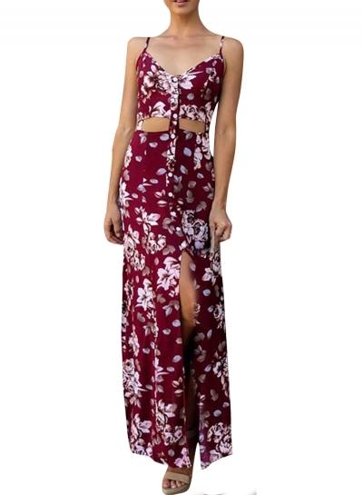 Oasap Boho Floral Print Cut-out Design High Slit Spaghetti Strap Dress