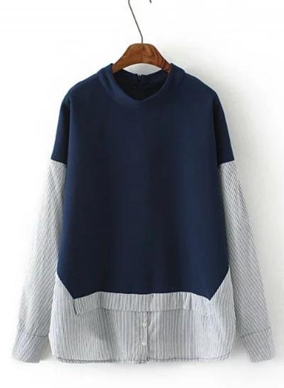 Oasap Stand Collar Long Sleeve Striped Splicing Blouse